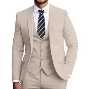 Men's Slim Fit 3-Piece Suit Set, Formal Wedding Tuxedo in Black, Light Champagne, Small