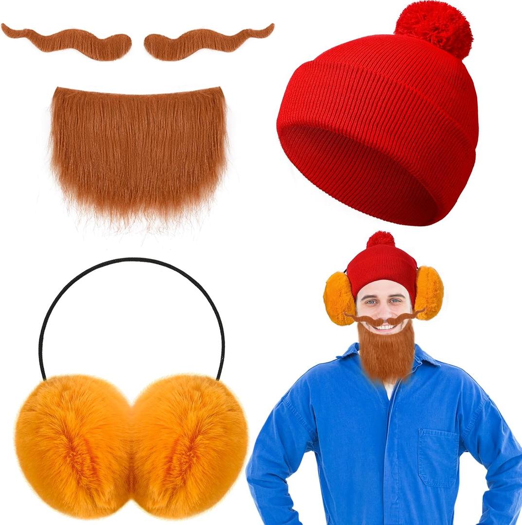 3 Pcs Prospector Costume Accessories Winter Red Beanie Hat Yellow Ear Warmers Beard for Halloween Christmas Cosplay Dress Up