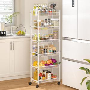6 Tier Slim Rolling Storage Cart, Narrow Mobile Shelving Unit Organizer Utility Cart with Wheels, Metal Wire Storage Rack with Baskets for Kitchen, Bathroom, Laundry & Living Room, 10in(W) White