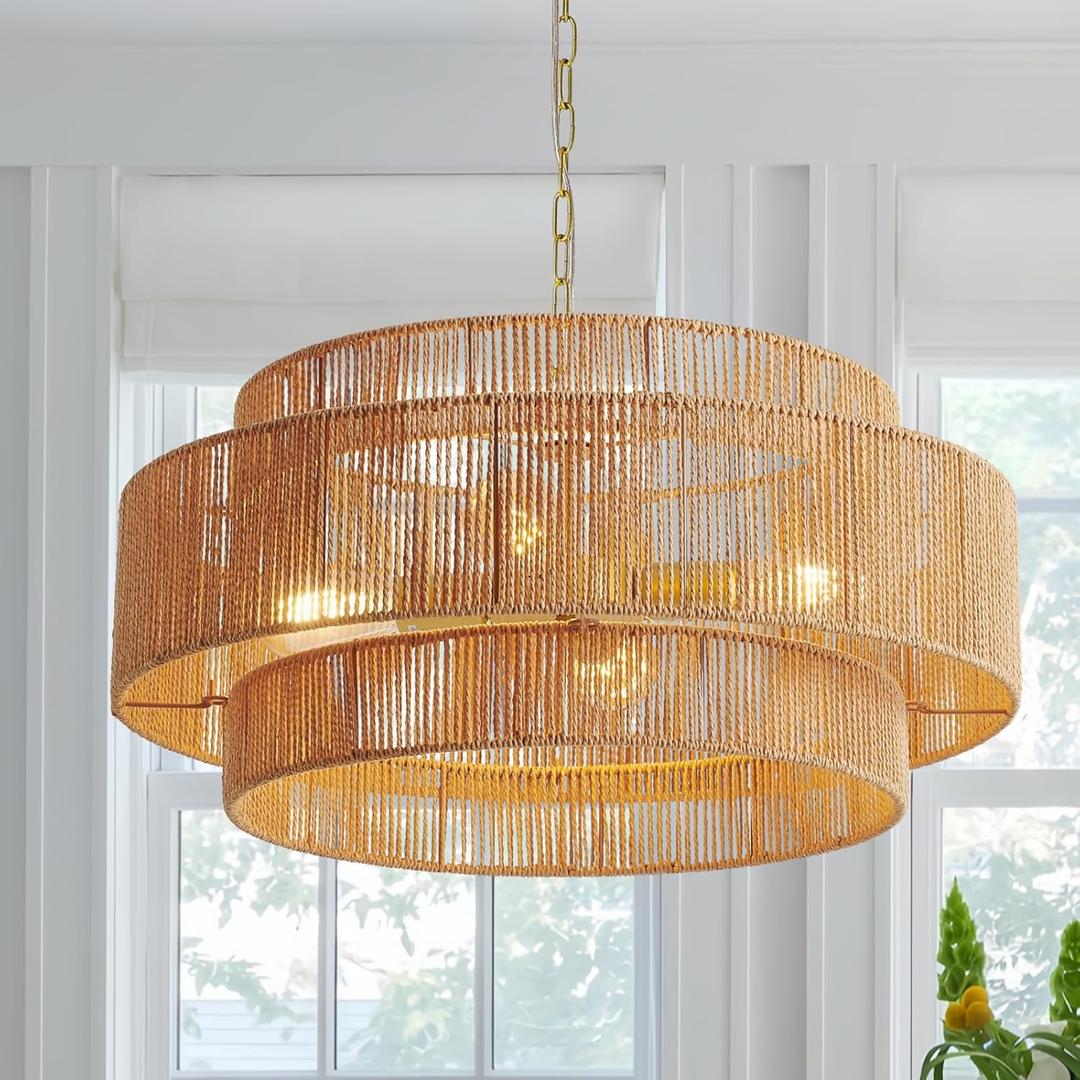 3-Tier Large Farmhouse Rattan Chandeliers, 22.8in Wicker Hanging Pendant Lights, Woven Boho Chandeliers, Hemp Rope Lighting Fixture for Kitchen Island, Dining Room, Living Room