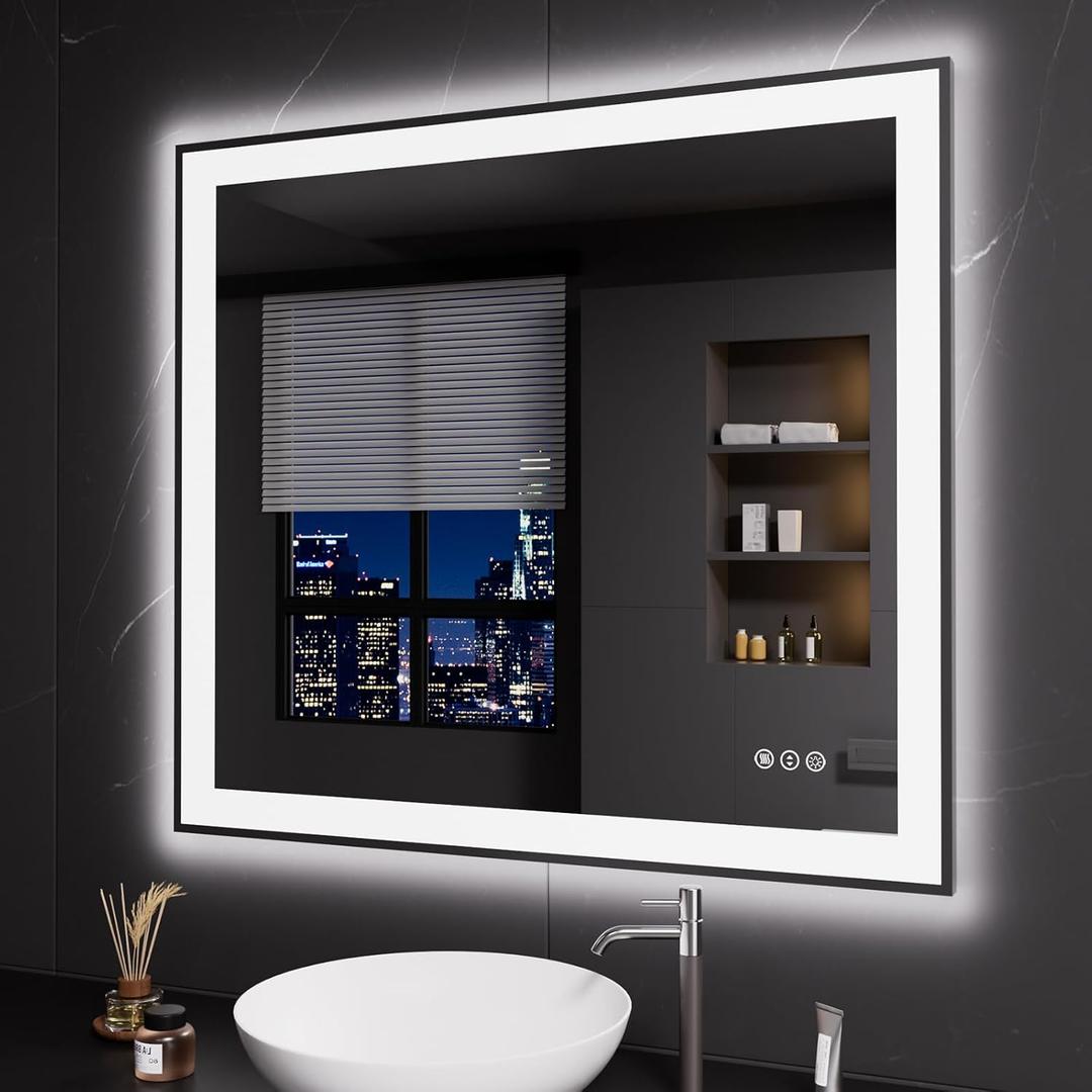 LOAAO 40"X36" LED Bathroom Mirror Black Framed, Anti-Fog, Dimmable, Lighted Bathroom Vanity Mirror for Wall, Memory Function, Tempered Glass (40"L x 36"W, Led Bathroom Mirror Black Framed(3 Light Modes))