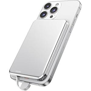 NZKEEYZI for MagSafe Portable Charger, 0.3" Ultra Slim 5000mAh Magnetic Power Bank, 25W PD Fast Charging Battery Pack with Builtin Cable, Travel Battery Bank for for iPhone 16/15/14/13/12, White