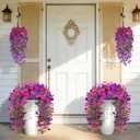 Artificial Hanging Flowers for Outdoors, 2 PCS 300 Blooms UV Resistant Morning Glory Vines Faux Flowers, Realistic Silk Flower Fake Hanging Plants for Porch Patio Garden Decor, Purple&Rose Red