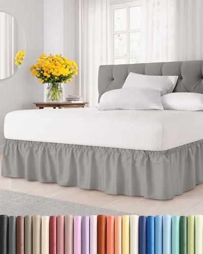 Wrap Around Dust Ruffle Bed Skirt - Light Grey - for Full Size Beds with 15 Inch Drop - Elastic Strap - Adjustable Pleated Bedskirt with Brushed Fabric and Wrinkle Free - for Women, Men, Kids & Teens