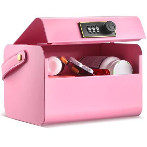Honeydak Locked Medicine Box for Medication Safe Lockable Metal Storage Box Fridge Snacks Food Phone Container with Combination Code for Personal Private Items Home Dorms Office Organization(Pink)