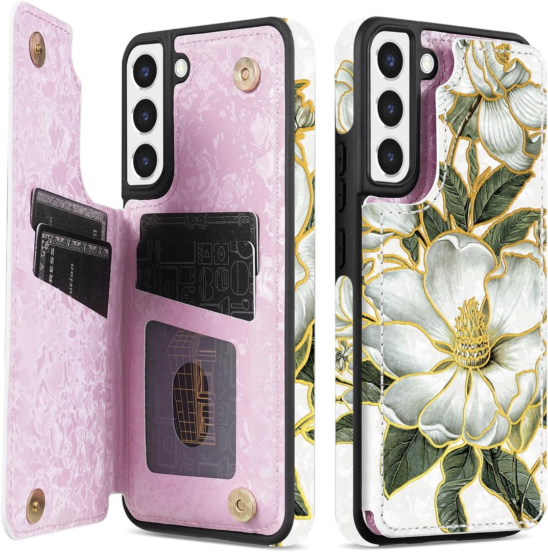 NNH Compatible with Samsung Galaxy S22 Plus Wallet Case with RFID Blocking Card Slots Folio Flip PU Leather Kickstand Double Magnetic Clasp Design Cover for Galaxy S22+(6.6 inch-Magnolia Flowers)