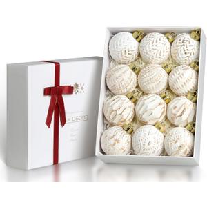 White and Gold Rustic Christmas Ball Ornaments, 3.15 inches Vintage Christmas Tree Decorations, 12 PCS Large Shatterproof Neutral Farmhouse Luxury Xmas Ornaments for Christmas Tree, Home Decor