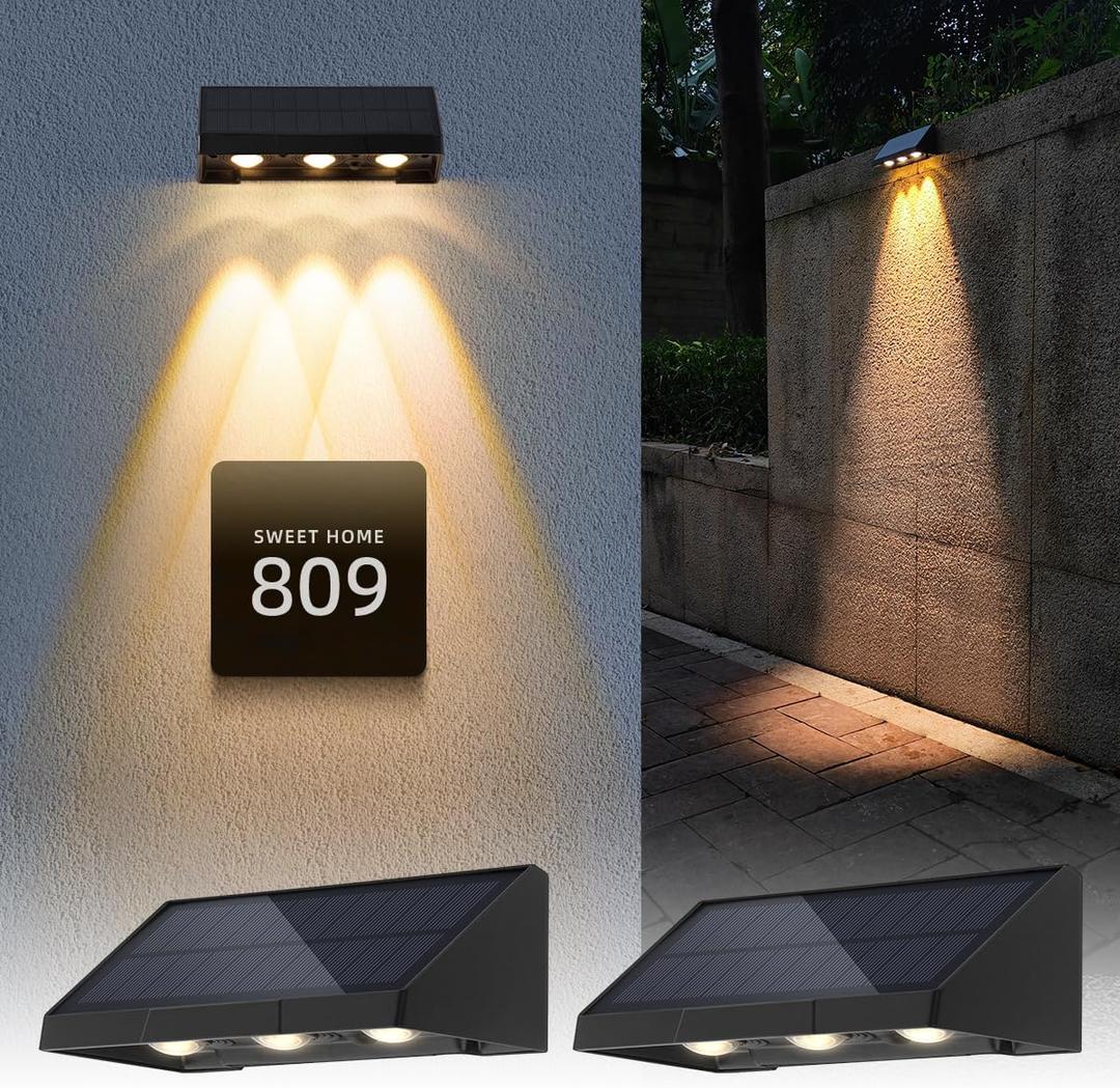 Solar Wall Lights Outdoor, 3 LED Lenses Fence Lights Solar Powered Outdoor Waterproof Warm White, Dusk to Dawn Exterior House Number Lighting for Porch, Patio, Balcony, Deck, Address Sign (2 Pack)