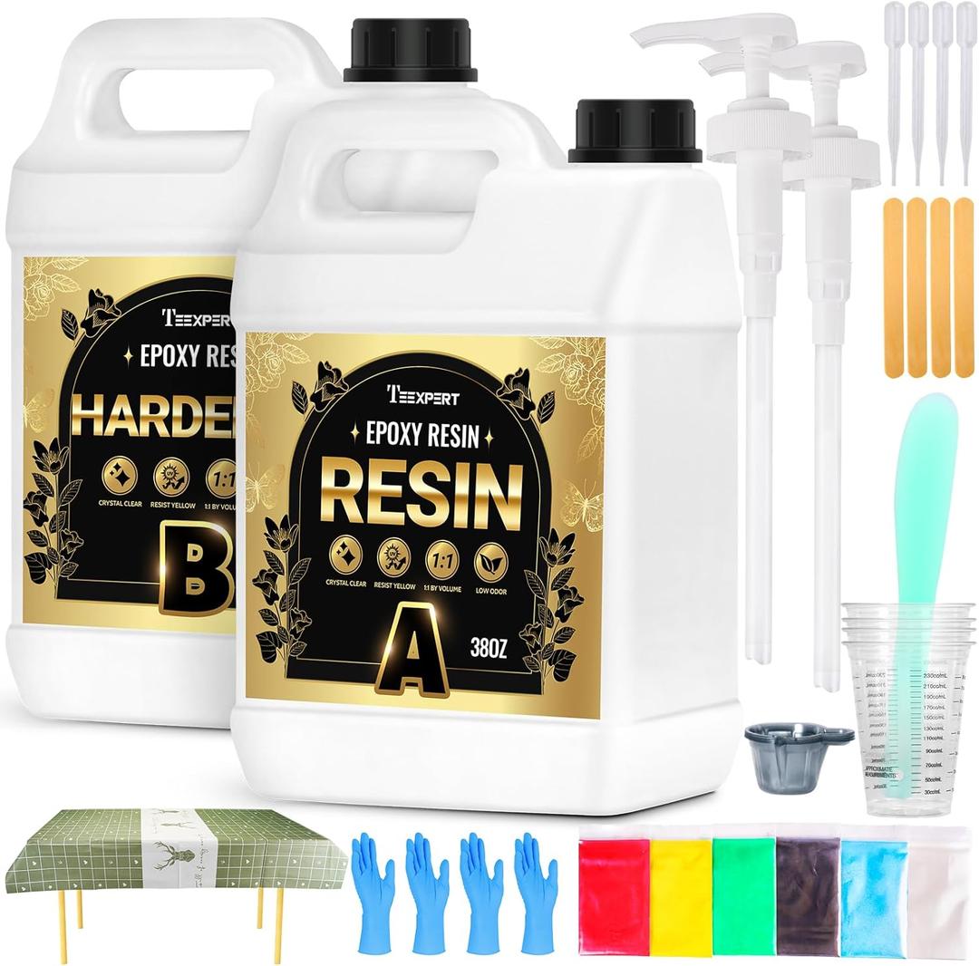 Teexpert Epoxy Resin Kit: 76OZ Casting Resin Crystal Clear Yellow Resistant Self Leveling for Art Craft DIY Jewelry Making with Pigment and Tools for Beginner Starter