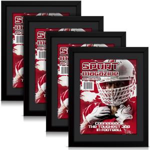 Geetery 4 Pcs Sports Magazine Frame for Wall Fits Measuring 8.5 x 11.25" Magazine Display Frame with Installed Hangers and Core Matting Plastic Comic Book Frames for Wall Hanging(Black , Black Mat)
