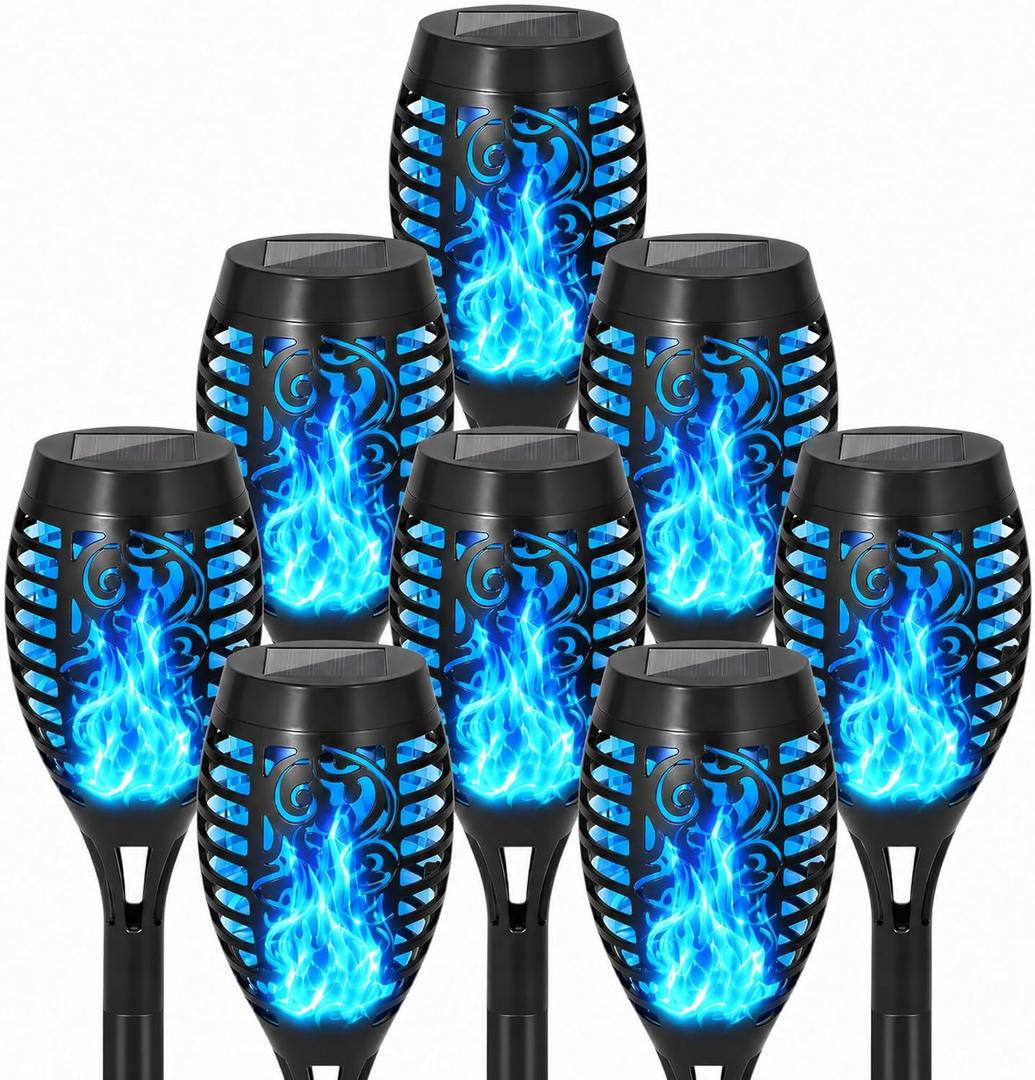 Solar Torch Flame Lights, Flickering Flame LED Waterproof Solar Garden Lights for Patio, Yard, Pathway, Landscape & Backyard Dcor (Blue-8 Pack)