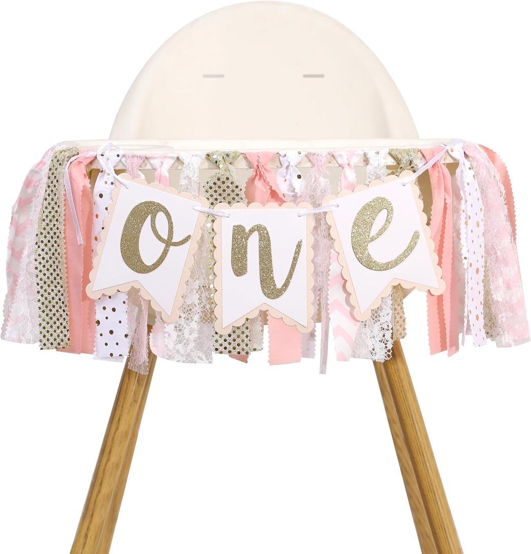 One High Chair Birthday Banner - Pink And White Party Decoration, Sweet One High Chair Banner, Floral And Butterfly Fairy Theme Fabric Garland, First Birthday Party Decoration For Photo Background