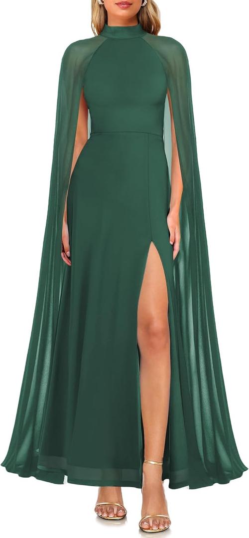 Lrady Women's Summer Wedding Guest Dress Halter Neck Sexy Split Cocktail Party Maxi Long Formal Dresses with Cape (Green, XL)