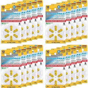 Powermax Size 10 Hearing Aid Batteries, 180 Count Long-Lasting Battery Pack, Yellow Long Tab for Easy Change