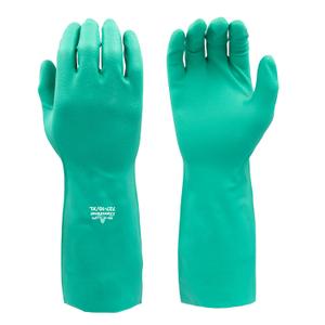 SHOWA 727 Chemical Resistant Gloves, 15-mil Unsupported Nitrile, 13-inch Extended Gauntlet, Bisque Grip, CE Cat III & Food Safe, Latex-Free, Green, X-Small, 12-Pack