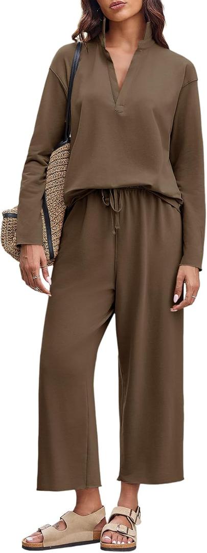 Imily Bela Womens 2 Piece Outfits Sweatsuit Long Sleeve Lapel V Neck Shirt and Wide Leg Pants 2025 Fall Trendy Tracksuit (XX-Large, Brown)