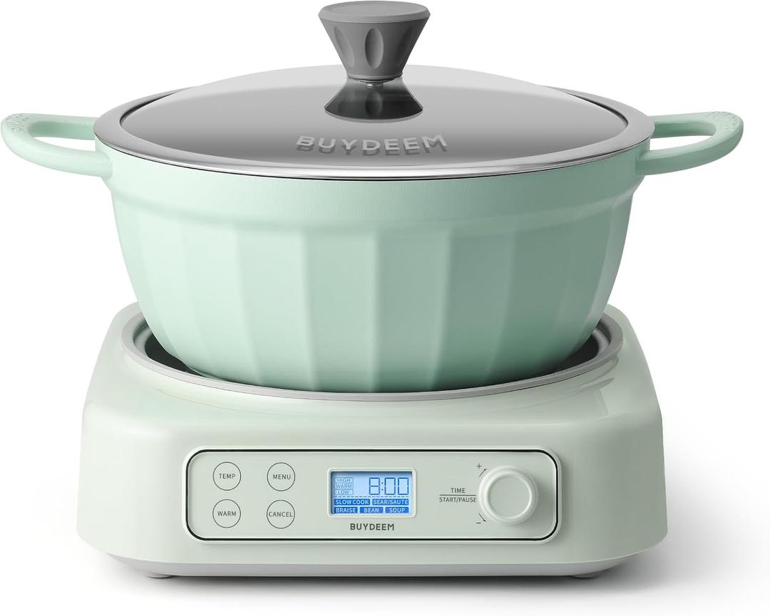 BUYDEEM 5-in-1 Slow Cooker 4.7QT with Removable Nonstick Stockpot, Compatible with Various Cookwares, Two Temperature Controls, Customized Time Settings, Auto Keep Warm for 2H, Cozy Greenish, Nonstick Stockpot Included