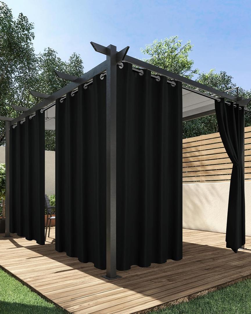 HolidayIdeas Outdoor Curtains for Patio Waterproof, 4 Panels - 54 x 95 Inch - Privacy Protection & Light Filtering Curtains Black Grommet Outside Curtains for Porch, Gazebo, Pergola, Backyard