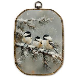 Yjeslw Vintage Winter Bird Octagon Wall Art Decor, Country Farmhouse Cozy Winter Framed Canvas Prints, Rustic Christmas Capped Chickadee Wall Hanging Decorations for Home Bedroom Decor, 10.2x7 Inches
