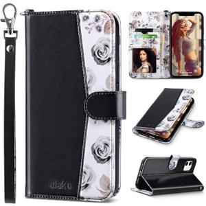 ULAK Compatible with iPhone 11 Wallet Case with Card Holder, Premium PU Leather Flip Cover with Kickstand Magnetic Closure, Shockproof Protective Phone Case for iPhone 11 6.1 Inch, Black Flower
