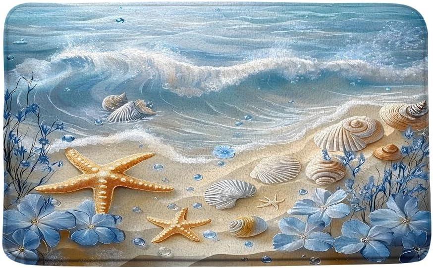 Nautical Coastal Bath Mat Beach Starfish Seashell Blue Flower Ocean Waves Marine Life Modern Microfiber Memory Foam Bathroom Rug Doormat Kitchen Toilet Floor Rug (17.8x29.5Inch(45x75cm))