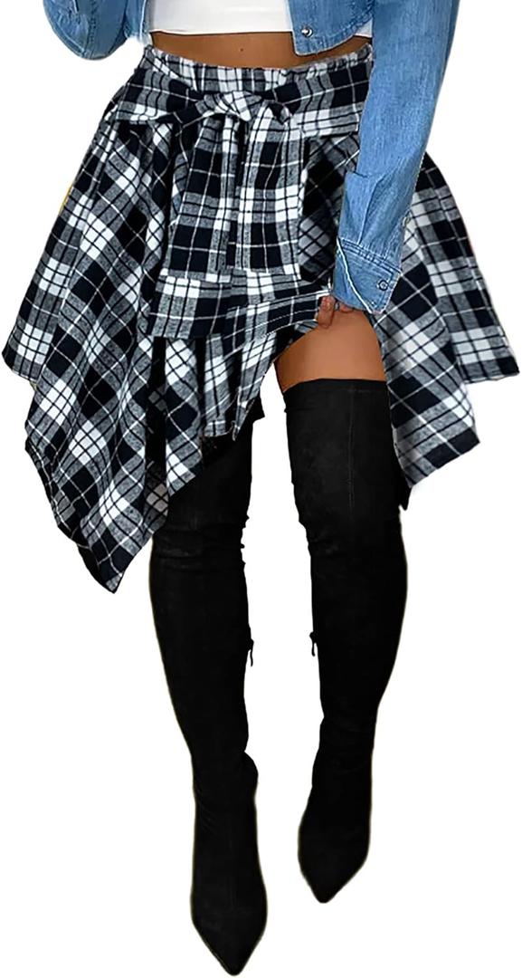 Women's Plaid Skirts High Waisted Knot Front Asymmetrical Hem Mini Skater Skirt (Black, XXL)