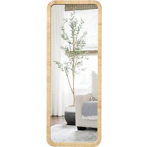 Rattan Mirror 18"x48" Rectangle Long Full Length Mirror Farmhouse Wicker Wooden Framed Full Body Floor Mirror Lean Against Wall for Bathroom Entryway Living Room Bedroom Fireplace Nature
