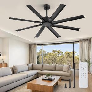 ZMISHIBO 65 Inch No Light, Large Industrial Ceiling Fan with 8 Aluminium Blades, Quiet DC Motor, 6 Speeds, Modern Ceiling Fan without Light for Garage/shop/living room,Black