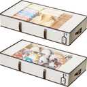 Yecaye Under Bed Storage Containers, 24L Closet Organizers and Storage Bins, 2 Pack Foldable Under Bed Storage Bags with Clear Window & 3 PU Leather Handles for Clothes, Blankets, Comforter, Beige (Small)