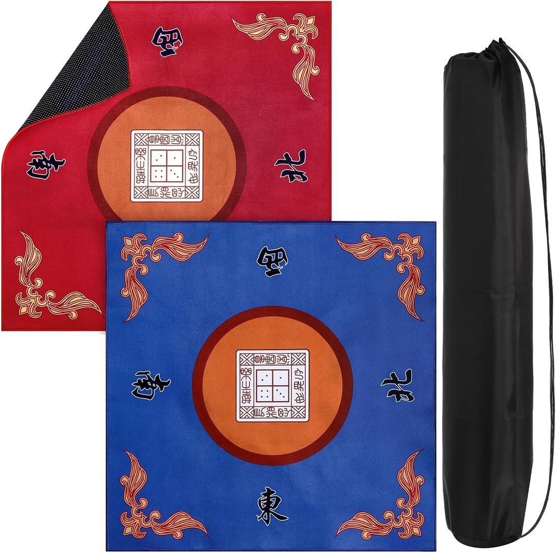 Cedilis Set of 2 Mahjong Mat with Carrying Bag, Anti Slip Mahjong Table Cover Mat for Tile Games, Board Game, Poker, Cards, 31.5 x 31.5 Inches, Noise Reduction, Blue and Red