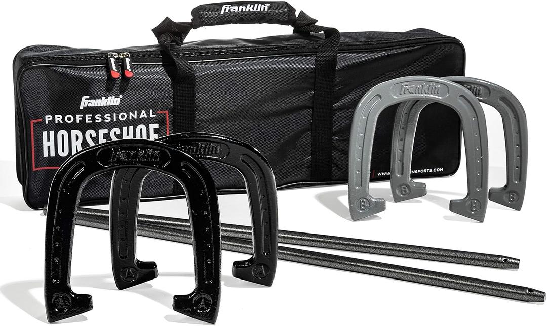 Franklin Sports Horseshoes Sets - Metal Horseshoe Game Sets for Adults + Kids - Official Weight Steel Horseshoes - Beach + Lawn Horseshoes Sets - Sets Include (4) Horseshoes and (2) Ground Stakes