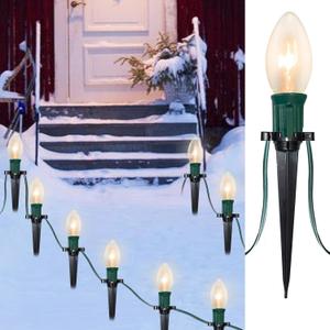 SUNSGNE Christmas Pathway Lights Outdoor - 38FT Vintage Christmas Lights with 25 C9 Clear Bulbs and 25 Plastic Stakes for Walkway, Sidewalk, Lawn, Path, Garden Decor (Warm White)