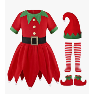 Elf Costume for Girls Kids Christmas Elf Santa's Dress Outfit, L