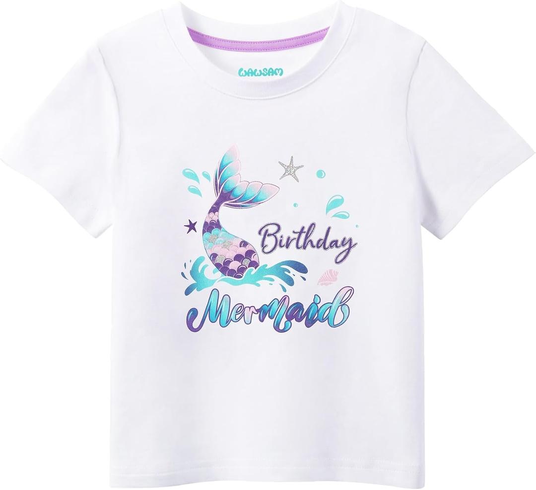 Birthday Girls Toddler Shirt Cotton Mermaid Birthday Short Sleeve Tees Girls Birthday Outfit for 3rd 4th 5th (White)