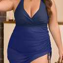 B2prity Women's Plus Size One Piece Swimdress Swimsuit Tummy Control Slimming Swim Dress Mesh Drawstring Skirted Bathing Suit (Blue, XL)