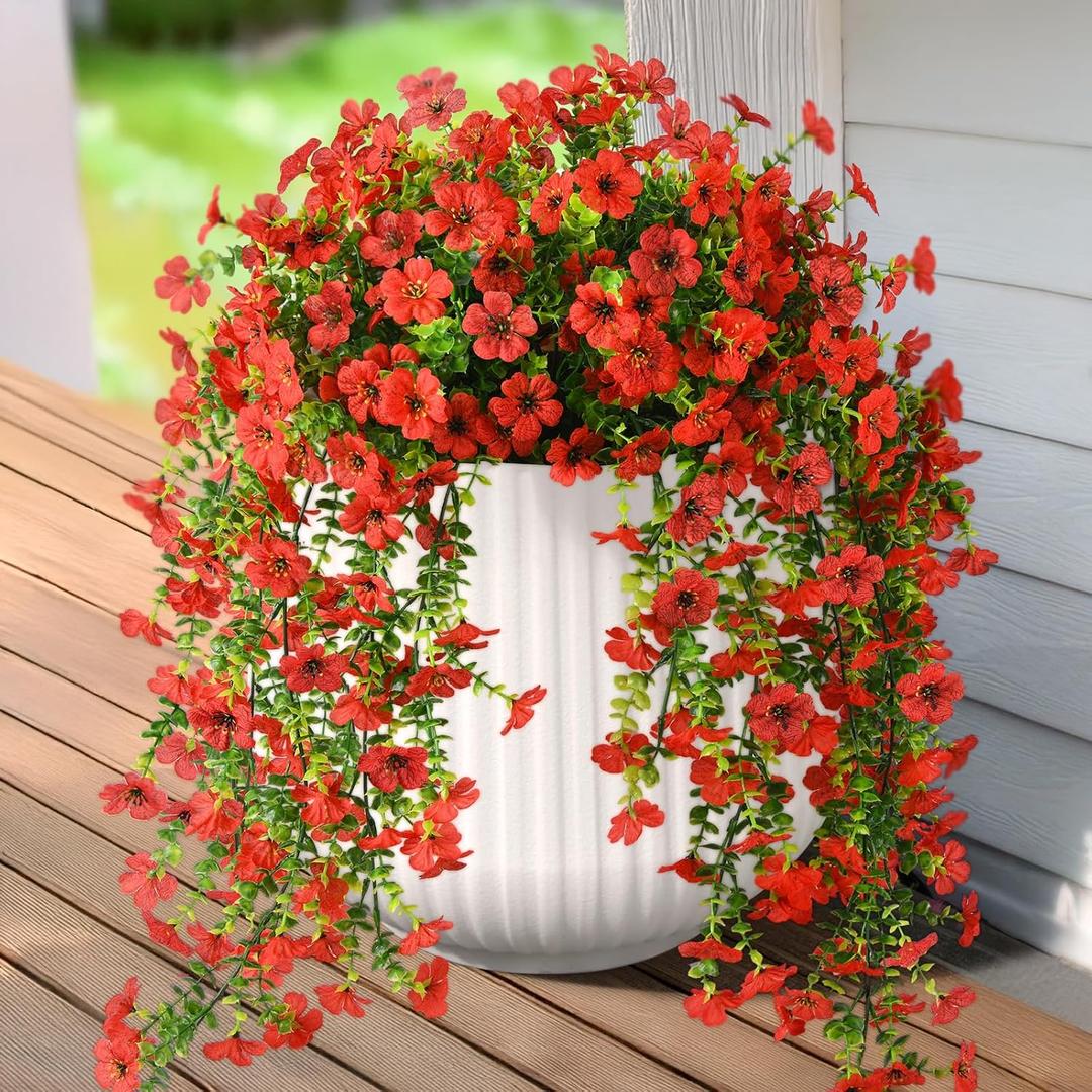 Hommyea Fake Artificial Hanging Flowers for Outdoors, 2 Pcs Fake Hanging Plant Spring Summer Decor, UV Resistant No Fade Faux Silk Daisy Flower for Front Door Porch Planter Patio Yard Garden(Red)