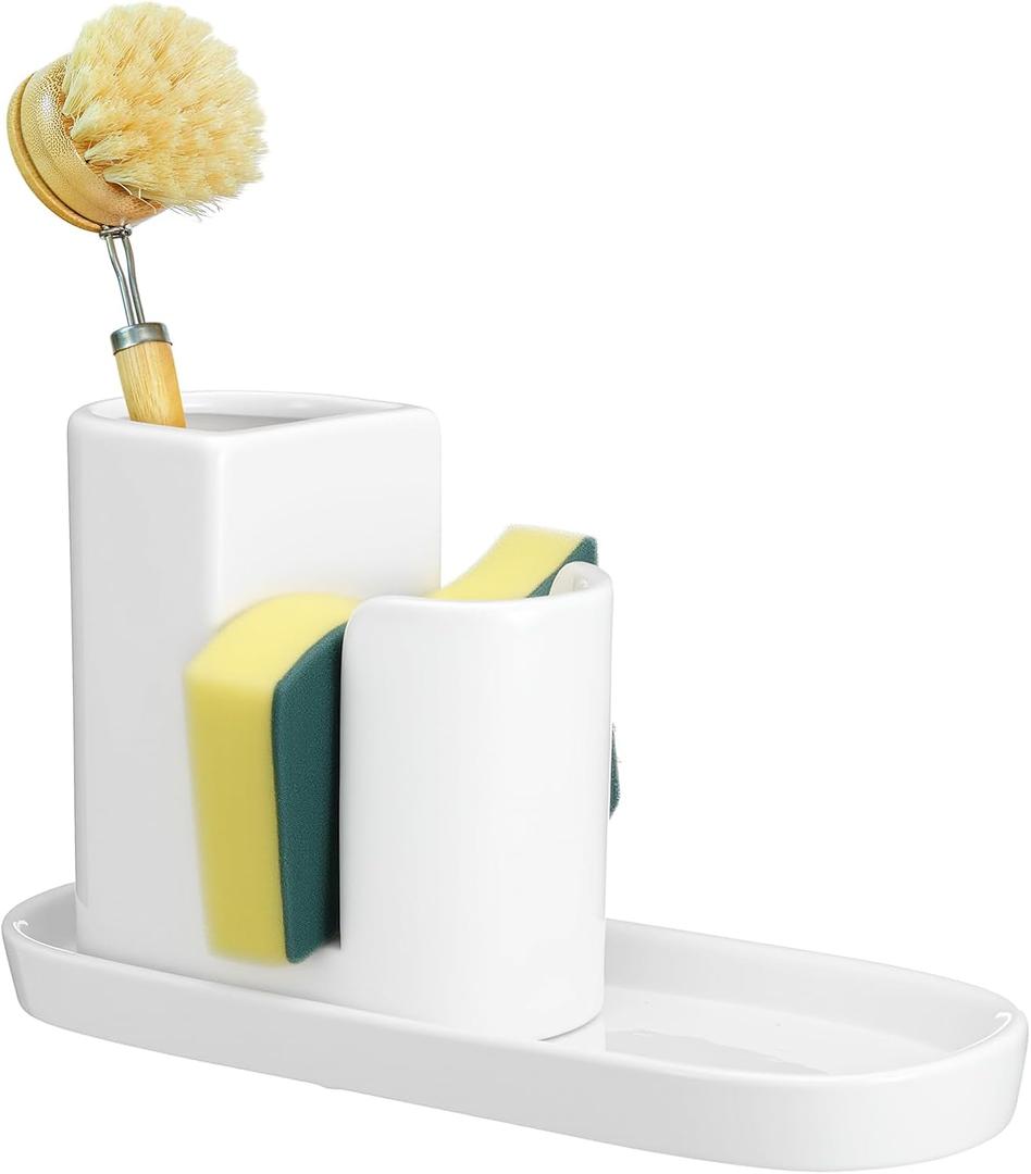 Geelin 3 in 1 Ceramic Kitchen Sink Caddy Dish Sponge Holder Scrub Brush Holder and Soap Tray for Kitchen Organizer White Rustic Farmhouse Supplies(White)