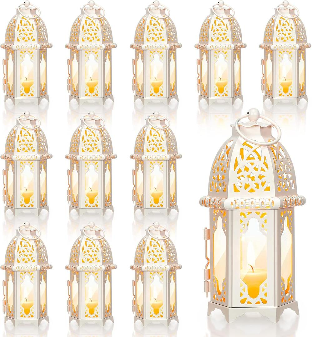 12 Pcs Moroccan Style Candle Lantern Ramadan Lanterns Vintage Decorative Candle Holder with Transparent Glass Hanging Ramadan Decorations for Wedding Eid Mubarak Indoor Outdoor Event Party Tabletop