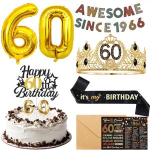 60th Birthday Decorations for Men - Vintage 1966 Birthday Supplies with Banner, Crown, Sash, Cake Topper, Gold 60 Number Balloons, Card with Envelope, 60 Year Old Party Decor Set for Him