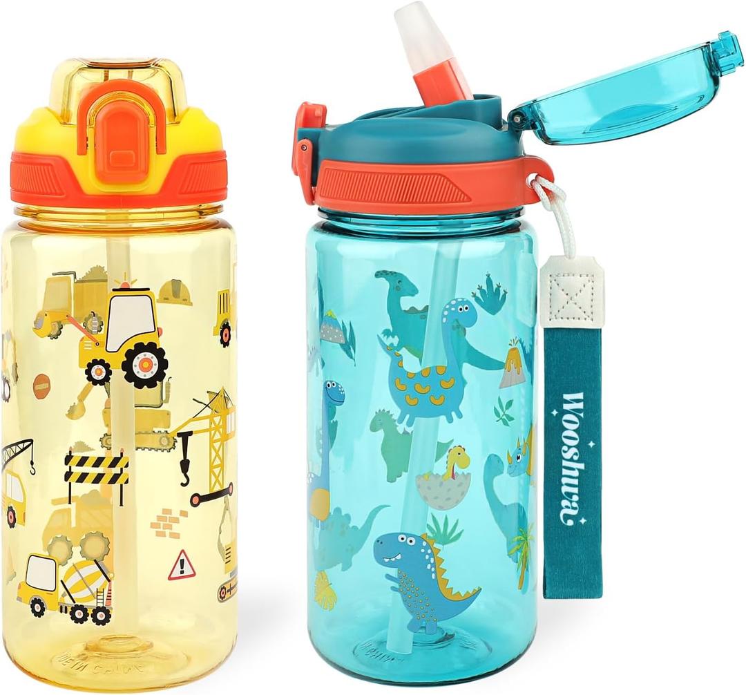 Kids Water Bottle for School or Travel, 20 Oz 2 Pack Durable Plastic Water Bottle with Silicone Straw and Pop-Up Spout Cover, BPA Free & Dishwasher Safe(Excavator & Dinosaur)