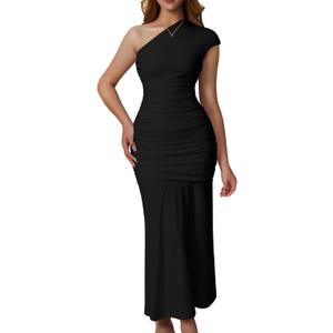 Memoriesea Women's Elegant One Shoulder Sleeveless Ruched Bodycon Cocktail Party Midi Dress (Large, Black)