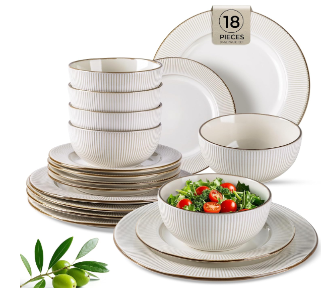 GBHOME Ceramic Dinnerware Sets of 6,18 pcs Plates and Bowls Sets Dishes
Embossed Elegant Stoneware Dishes Set | Dishwasher & Microwave Safe | Service for 4