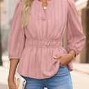 ZESICA Women's 2026 Fall Babydoll Peplum Tops V Neck Puff 3/4 Length Sleeve Shirts Dressy Casual Blouses (Pink, S)