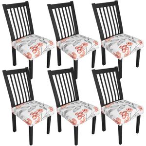 Stretch Dining Chair Seat Covers Set of 6,Dining Chair Slipcovers, Floral Printed Chair Covers,Soft Fabric Washable Upholstered Chair Seat Protector, No Rear Covers for Home Kitchen Dining Room (Whitecherry Blossoms)