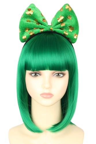 LeMarnia St. Patrick's Day Costume Wig Green Bob Wig with Shamrock Bow Headband for Women Irish Costume Wig