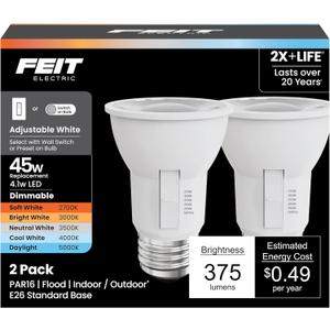 Feit Electric PAR16 LED Light Bulbs, 45W Equivalent, Dimmable, Color Selectable 6-Way, 5CCT, E26 Base, 90 CRI, 375 Lumens, Damp Rated Flood Light Bulb, 22-Year Lifetime, PAR1645DM/6WYCA/2, 2 Pack