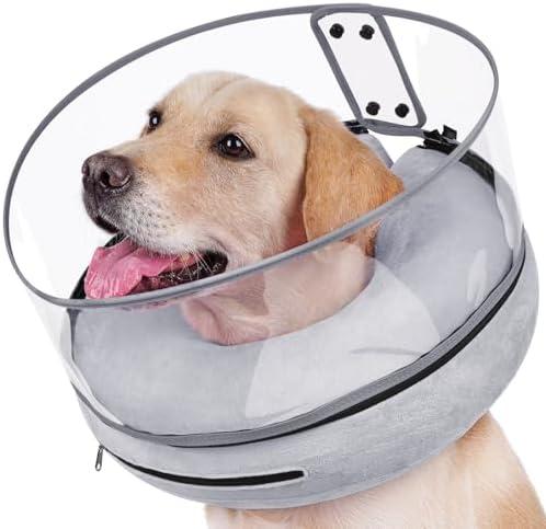 BARKLESS Inflatable Dog Cone, Protective Dog Surgery Collar to Stop Licking Biting Wounds, Patented Soft Donut Cone with Clear Shield, Adjustable Blow-up Collar for Surgery Recovery (Grey, L)