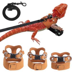 Bearded Dragon Harness and Leash Set, Adjustable Nylon Bearded Dragon Accessories with Vests, 6.56ft Lead for Reptile Training & Walking Accessories(Brown)