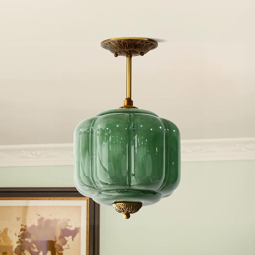 Milk Glass Ceiling Light Fixture - Antique Brass Semi Flush Mount Pendant Light for Kitchen, Hallway, and Bedroom (Green, 9 inch)