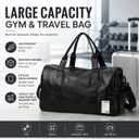 Sports Travel Gym Duffel Bag, Black, PU Leather, with Separate Shoe Compartment, Wet and Dry Separation, Large